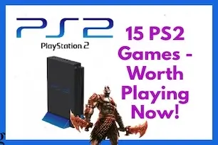 PlayStation 2 console with Kratos from God of War promoting 15 PS2 games worth playing today